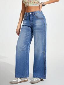 Jeanoix Women's Rivet Design Pocket Wide Leg Loose Casual Street Streetwear Denim Jeans Going Out Everyday Travel Night Out Light Blue Fall - Blue - View 4