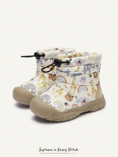 Cozy Pixies Girls Beige Simple Cute Cartoon Animal Bear Giraffe Plush Lined Drawstring Warm Easy On Off Casual Snow Boots For Autumn Winter Outdoor School Wear