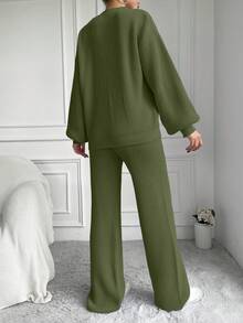 EURMUSE Women's Solid Color Long Sleeve Sweater & Pants 2 Pieces Set - Army Green - View 2
