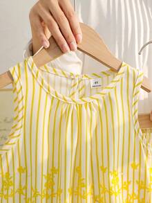 SHEIN Vintaside Kids 女童夏季黑白簡約優雅風直條紋花卉刺繡無袖上衣＋寬腿褲套裝，適合日常出遊、休閒旅行、校園穿搭、派對活動、拍照穿搭 - 黃色 - 查看 4
