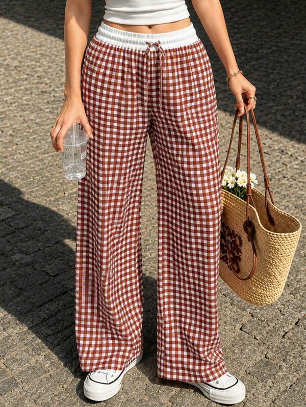 Wide Leg Pants For Women. Square Print. Natural Waist Fit With Adjustable Lace. Functional Pockets. Very Cool And Comfortable Interior.