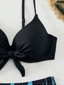 SHEIN Swim Swim Lushoire 2件組成熟熱帶性感女款泳衣，青藍孔雀綠繫帶式比基尼上衣搭配植物印花短褲套裝，夏季海灘適用 - 黑色 - 查看 6