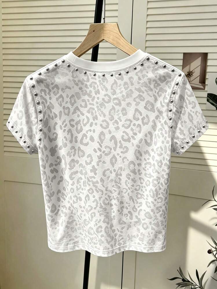 Resyla Hot-Selling New Style, Niche Design Light Gray Leopard Print Digital Print Shoulder Sleeve Rivet Round Neck Casual Short Sleeve Top, School Outfit, Daily Sister Date Shopping Outfit - Multicolor - View 2