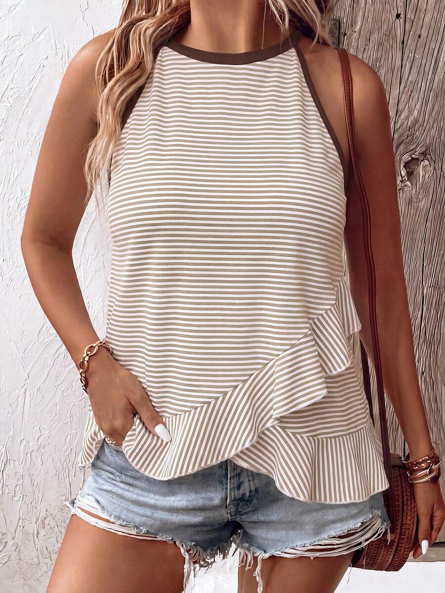 SHEIN LUNE Camiseta sin mangas para mujer de talla grande, diseño de color contrastante con patrón de rayas, casual y versátil, nueva y de gran para primavera/verano - Multicolor - Ver 1