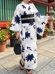 Irokai Floral Pattern Kimono Sleeve Robe And Camisole Dress Yukata Set - Blue and White - View 5