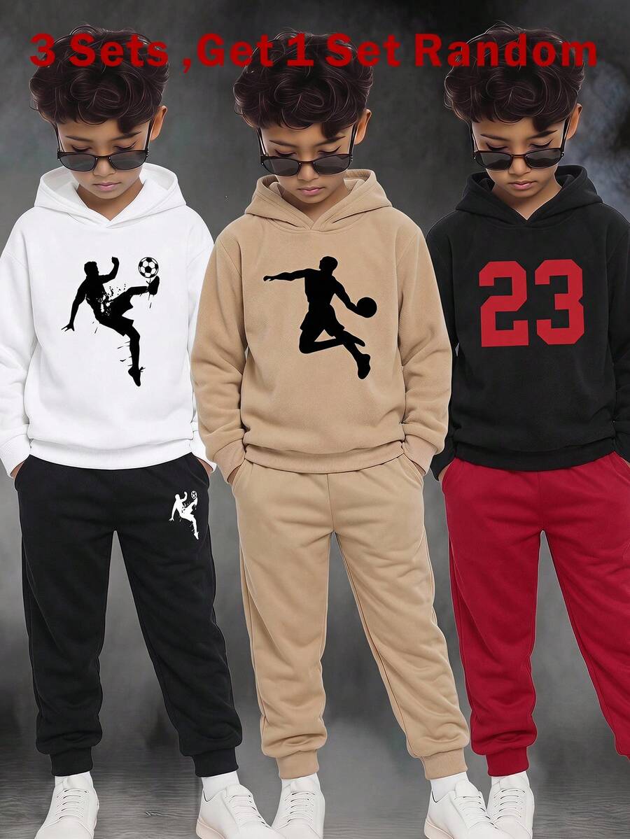 SHEIN 青少年男孩秋季新品休閒極簡足球圖案時尚經典英文字母運動風街頭風Y2K連帽衫與運動長褲2件套，適合夏季長袖舒適連帽衫2件套，適合秋冬