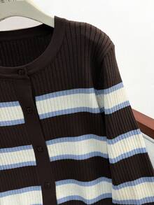 Muvela Women's Striped Long Sleeve Single-Breasted Casual Knit Cardigan - Brown - View 6