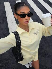 Muchica New Autumn Women's Casual Athleisure Sweatshirt Set In Goose-Yellow Knit Fabric, Featuring A Printed Design. - Pale Yellow - View 3