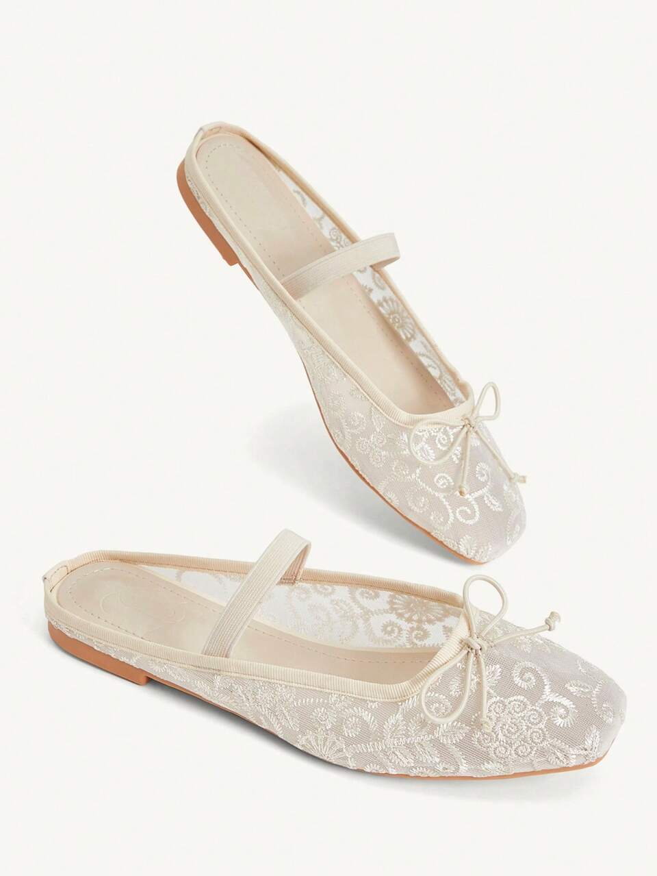 CUCCOO CHICEST Fashion Apricot Lace Mesh Bow Women's Flat Mules Shoes Fashion Breathable Cute Sweet Elegant Women's Flat Backless Shoes Slippers Women's Shoes