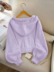 SHEIN Genkimix Kids 女童時尚休閒清新短版純色秋冬連帽針織開襟毛衣 - 淡紫色 - 查看 2