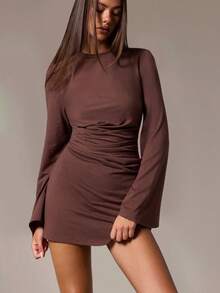 Athîral Women's Casual Maturity Elegant Round Neck Solid Color Long Sleeve Short Dress, Daily Wear, Date Dinner And Party Outfit Coffee Brown Autumn - Mocha Brown - View 5