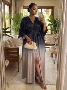 SHEIN Lady CURVE Gaun Kasual Lengan 3/4 Belahan Bawah dengan Warna Gradien untuk Wanita Ukuran Besar - MultiWarna - View 1