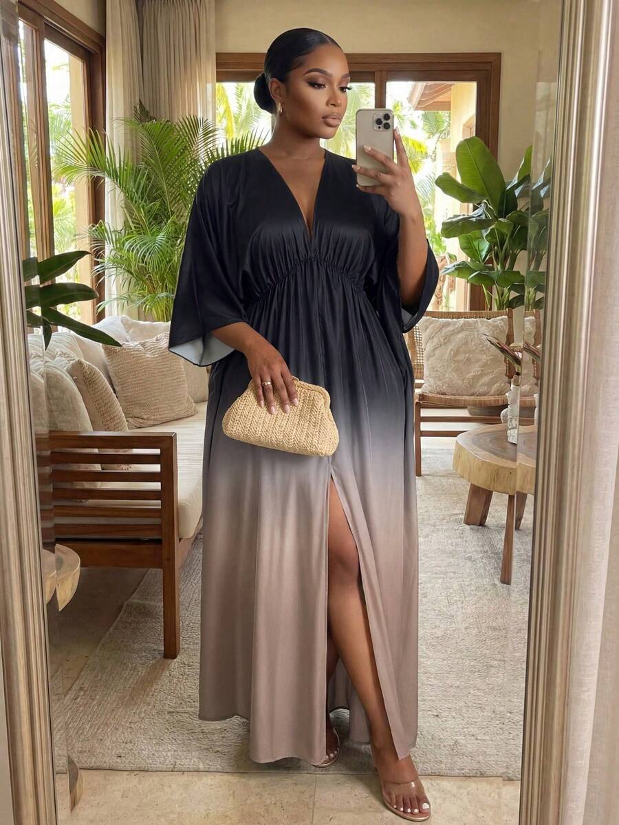 SHEIN Lady CURVE Gaun Kasual Lengan 3/4 Belahan Bawah dengan Warna Gradien untuk Wanita Ukuran Besar - MultiWarna - View 1