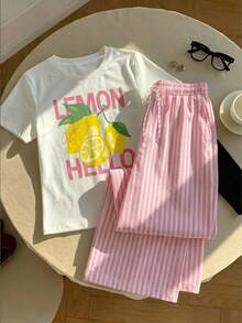 Comfortcana 女款休閒短袖T恤與條紋長褲套裝，夏季穿搭，檸檬印花、條紋印花，適合日常通勤、約會、聚會，秋冬春夏，聖誕節、新年、感恩節、派對、婚禮、海灘、畢業典禮，時尚優雅休閒，適合外出、約會、通勤 - 彩色 - 查看 3