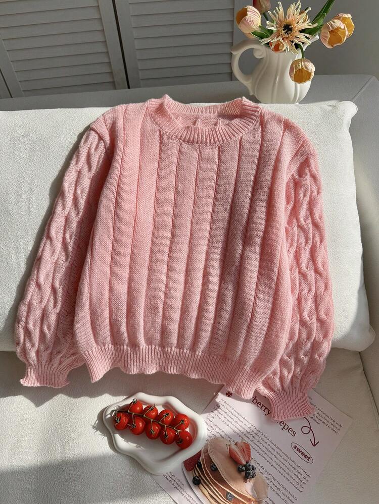 Tween Girl Cable Knit Fashion Bell Sleeve Crew Neck Sweater - Dusty Pink - View 3