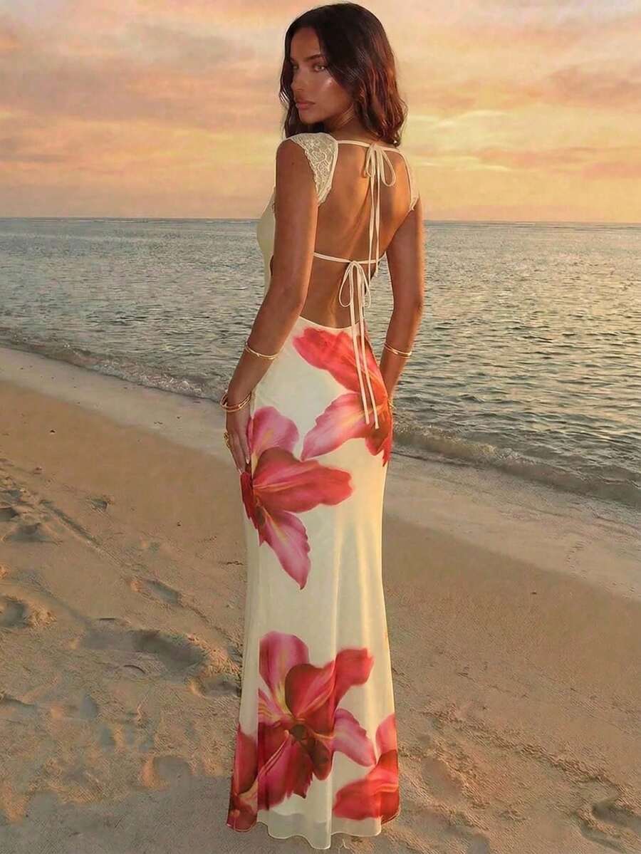 Aloruh New Romantic Yellow Gradient Floral Mesh Print Fitted Stretch Sexy Backless Hip-Length Dress With Lace Decor For Street Style