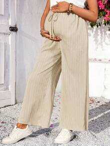 SHEIN Maternity Solid Color Waist Tie Wide Leg Loose Fit Long Pants Fall - Apricot - View 4