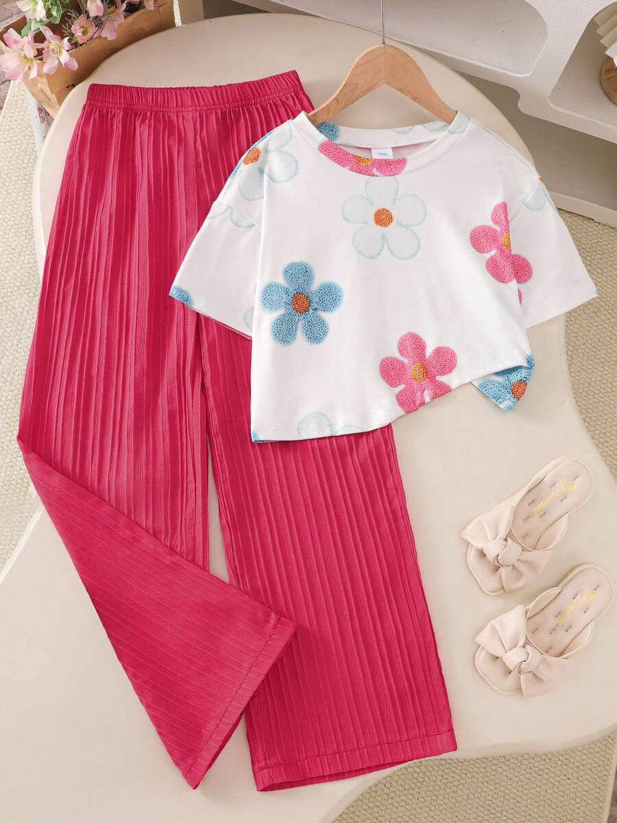 SHEIN Genkimix Kids 2件組女孩大童套裝 花卉滿版印花T恤 + 高腰紋理布料寬腿長褲 - 彩色 - 查看 1