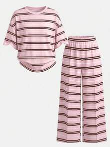SHEIN 少女條紋圓領短袖T恤與長褲休閒套裝 - 彩色 - 查看 5