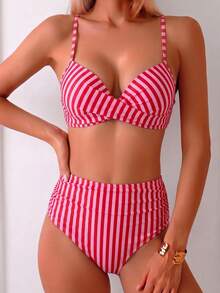 SHEIN Swim 2025 女款夏季海灘豹紋性感比基尼兩件式泳衣套裝 - 紅色 - 查看 4