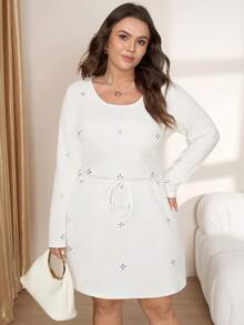 SHEIN LUNE Plus Size Striped Rhinestone Vintage Casual Elegant Fashion Autumn Dress Formal Morning Birthday White - Brown - View 5