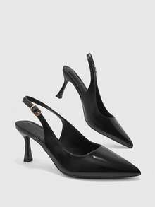 CUCCOO BIZCHIC Women's Commuter Model With Exposed Heel, Black Glossy Pointed Toe, Fashionable And Elegant Stiletto Shoes. - Black - View 9