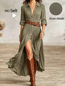 Hotletica Women's Collared Pleated Waist Single-Breasted Long Dress In Army Green - Army Green - View 4