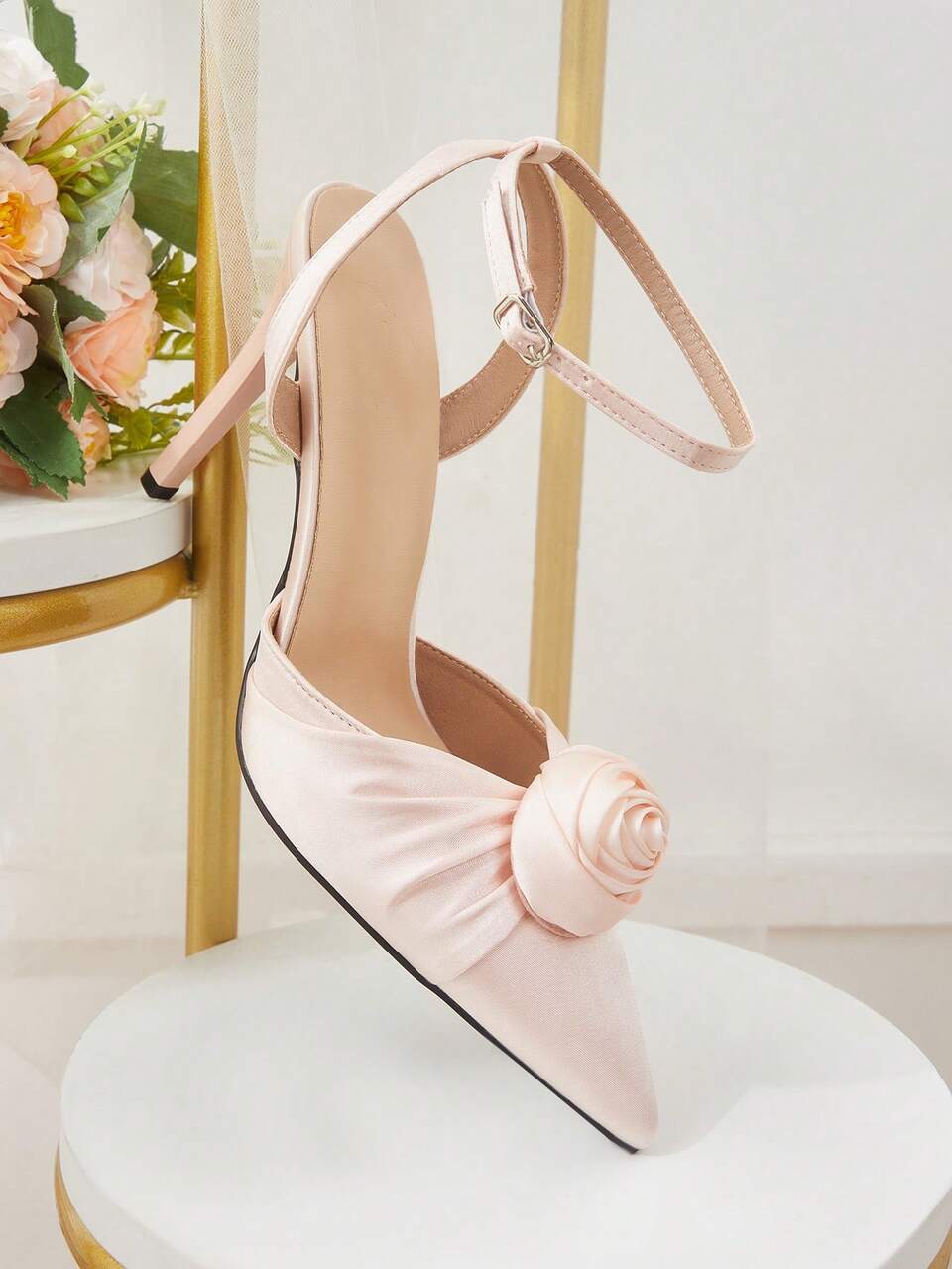 CUCCOO HITCHD Champagne Satin 3D Rose Floral Pointed Stilettos, Adjustable Buckle Ankle Strap Stretch Shoes, Elegant Bridal Wedding Ball Evening Dress Sandals