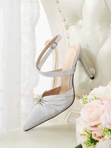 CUCCOO HITCHD Women Ruched Satin Mule High Heels, Faux Pearl Decor Pointed Toe Ankle Buckle Strap Stiletto Sandals For Evening Wedding Bridal Dress Shoes - silver gray - View 6