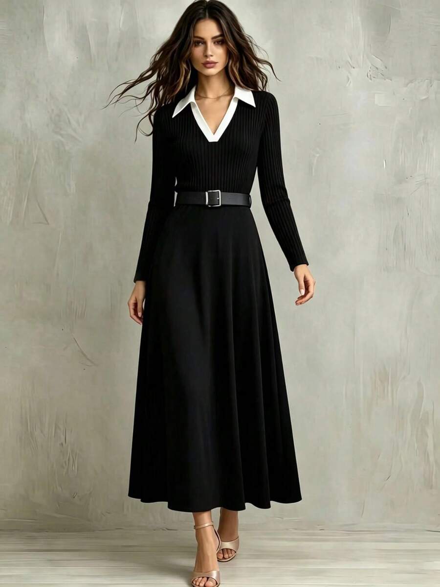 SHEIN Franclia 優雅黑白拼接女款洋裝,秋季辦公長袖V領A字收腰修身洋裝,適合感恩節與跨年夜穿搭 - 黑與白 - 查看 1