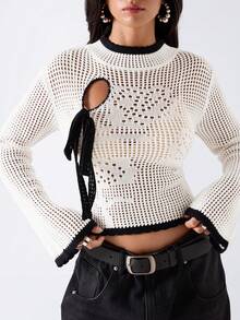 LYSMO Women's Colorblock Trim Hollow Knit Flare Sleeve Sweater Office Outfits For Women Concert Outfit For Women - Black and White - View 6