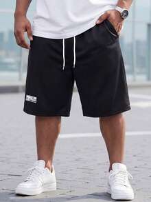 DRIVNCORE Men Plus Size Summer Loose Fit Casual Shorts With Letter Print And Drawstring Waist - Black - View 3