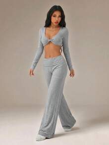 SHEIN PETITE Black High Waist Wide Leg Loose Casual Pants - Grey - View 3