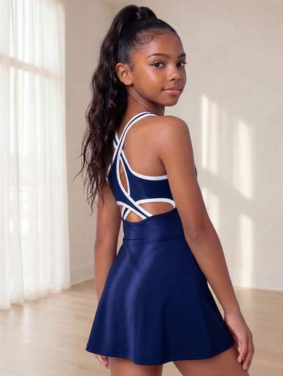 SHEIN Tween Girls' Sports Tennis Dress, Navy Blue, White Trim Criss-Cross Back Straps, Flared Pleated Skirt, Solid, Knit, Zip-Up, Racerback, Pocket, Street