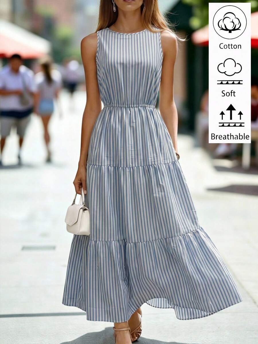 Louniche 女款夏季休閒時尚條紋印花無袖A字版型棉混紡洋裝,適合度假與夏季穿著,適用於女性派對、外出、婚禮季、通勤上班、商務優雅、畢業季、開學季、教師節、感恩節,條紋印花無袖長洋裝 - 彩色 - 查看 1