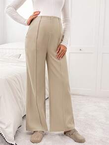 SHEIN Pantalones largos de maternidad de unicolor, casuales y versátiles para uso diario en otoño - Caqui - Ver 5