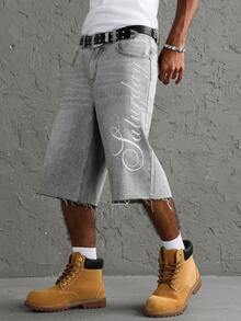 Manfinity EMRG Men's Casual Daily Denim Wide Leg Shorts With Pocket, Button And Letter Pattern - Light Grey - View 4