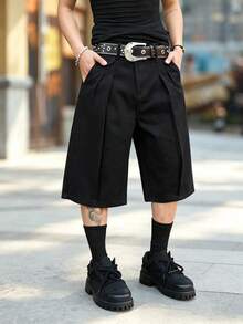 Manfinity Homme Plus Size Men's Pleated Loose Fit Denim Wide Leg Shorts With Pockets - Black - View 1