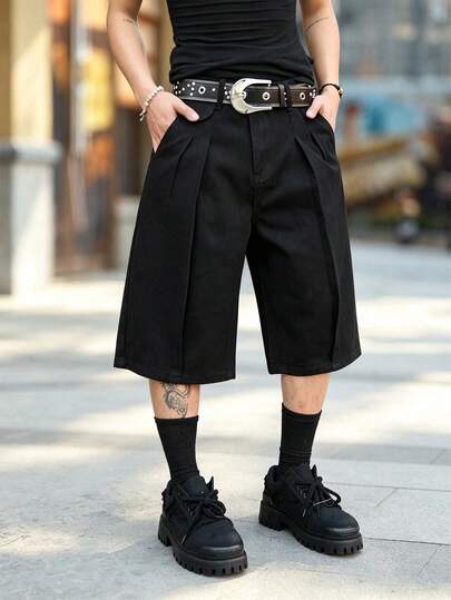 Manfinity Homme Plus Size Men's Pleated Loose Fit Denim Wide Leg Shorts With Pockets