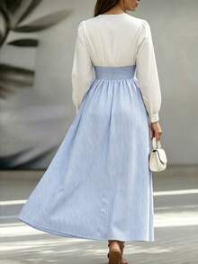 SHEIN LUNE CURVE 大尺碼奢華設計條紋 A 字收腰洋裝，適合夏季休閒外出、辦公通勤穿搭 - 藍白色 - 查看 2