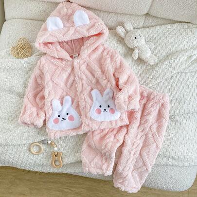 幼児女の子 秋冬 無地 スクエアパターン 刺繍ウサギ 小ポケット フリース 長袖ジャケット トップス パンツ 2点セット