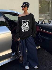 Betty Boop x SHEIN SHEIN EZwear 休閒寬鬆露肩卡通印花加厚衛衣，適合外出、街頭風、時尚、返校、Y2K、派對日常穿搭，秋季 - 黑色 - 查看 5