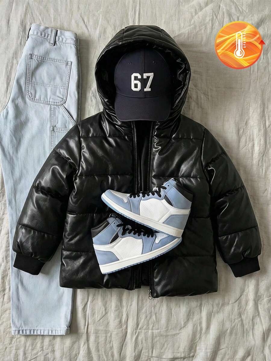 SHEIN 男童黑色皮革連帽填充外套，休閒日常穿著，適合通勤、戶外活動、短途旅行、公園遊玩，冬季新品 - 黑色 - 查看 1