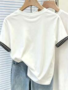 Resyla 夏季出遊上衣 女款標準版型 T-shirt，經典條紋印花對比色白色 T-shirt，可愛小狗印花圖案，圖形設計，舒適面料，返校季，教師穿搭，日常 - 彩色 - 查看 2