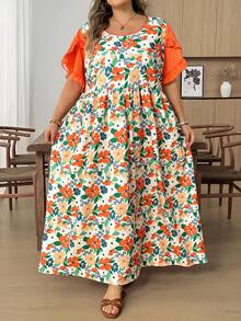 SHEIN CURVE+ 大尺碼US22音樂節海邊度假波希米亞風隨機印花休閒度假風數位印花寬鬆短袖洋裝 - 彩色 - 查看 7