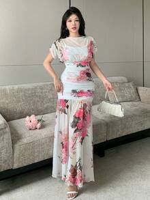 Modelyn 白色網紗花卉印花百褶優雅長洋裝，適合女性，婚禮與度假穿著 - 白色 - 查看 6