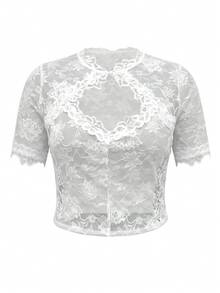SHEIN Frenchy 大尺碼女款蕾絲拼接休閒百搭日常穿搭上衣 - 白色 - 查看 7