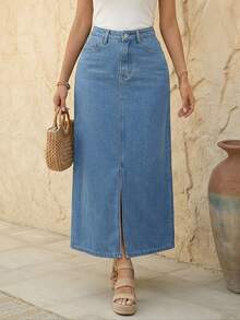 EMERY ROSE Women's Pocket Design Slit Hem Long Straight Casual Denim Maxi Skirt - Medium Wash - View 1