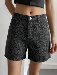 Livesso Women's Leopard Print Pocket Casual Denim Shorts - Blue - View 6