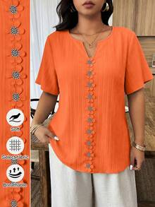 Weeklong Blusa holgada de manga corta con volantes y parches florales para mujer talla grande, primavera/verano - Naranja - Ver 1